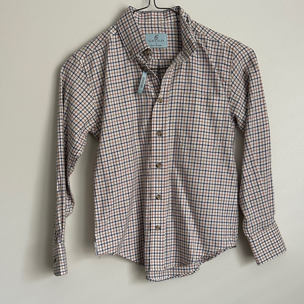 Club Room Multicolor Tan, Navy, Rust Fall Checkered Boy Button Down Shirt NWT